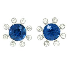 1970s Modernist Sapphire Diamond Platinum Earrings