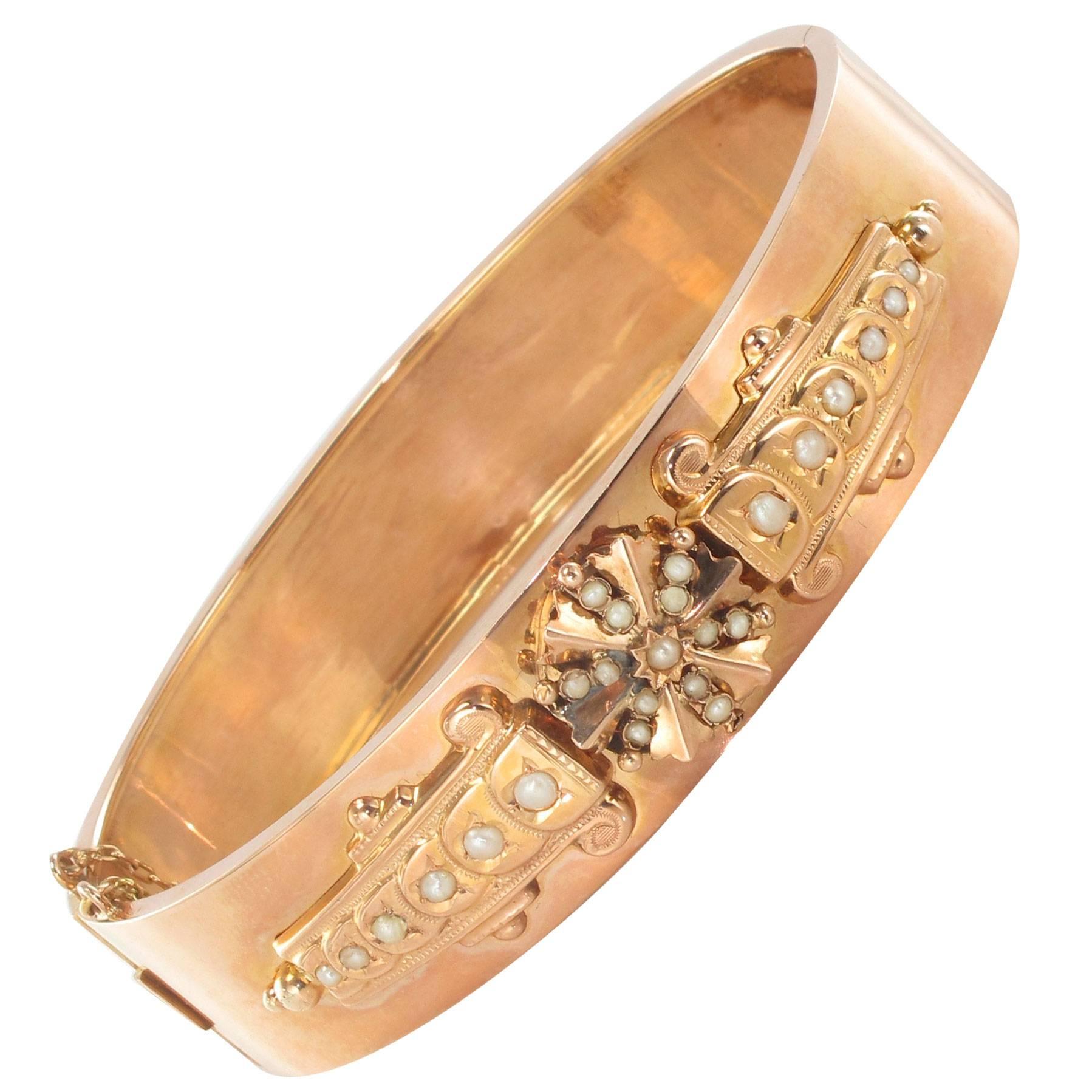 French Napoleon III Ntaural Pearl and Rose Gold Bangle Bracelet