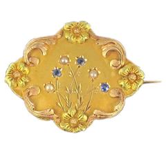 French Art Nouveau Sapphire and Fine Pearl Brooch 