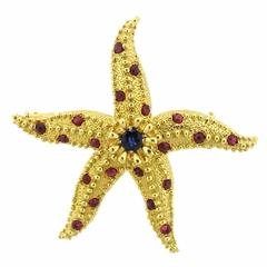 Tiffany & Co. Schlumberger Sapphire Ruby Gold Starfish Brooch Pin