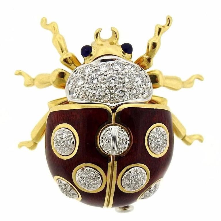 Tiffany and Co. Enamel Sapphire Diamond Gold Lady Bug Brooch Pin at 1stDibs