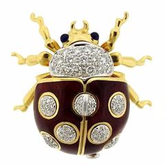 Retro Tiffany & Co. Enamel Sapphire Diamond Gold Lady Bug Brooch Pin