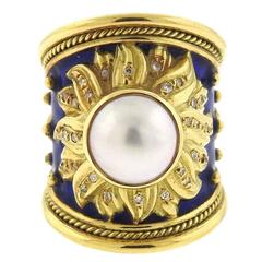 Elizabeth Gage Enamel Pearl Diamond Gold Ring