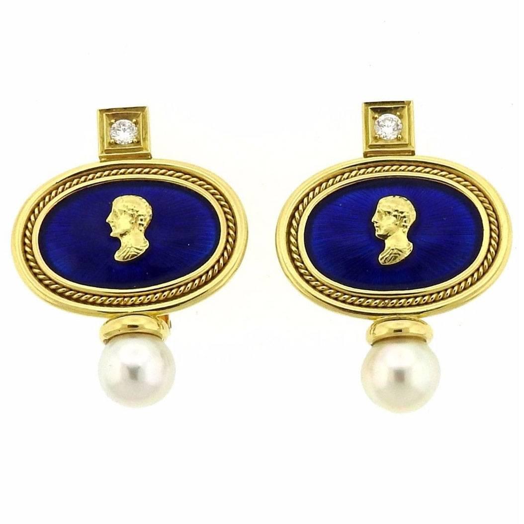 Elizabeth Gage Enamel Pearl Diamond Gold Earrings