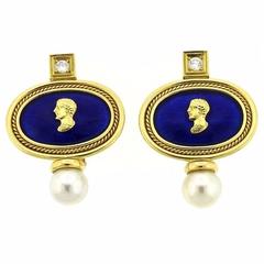 Elizabeth Gage Enamel Pearl Diamond Gold Earrings 7