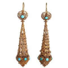 Georgian Cannetille Turquoise Gold Torpedo Earrings