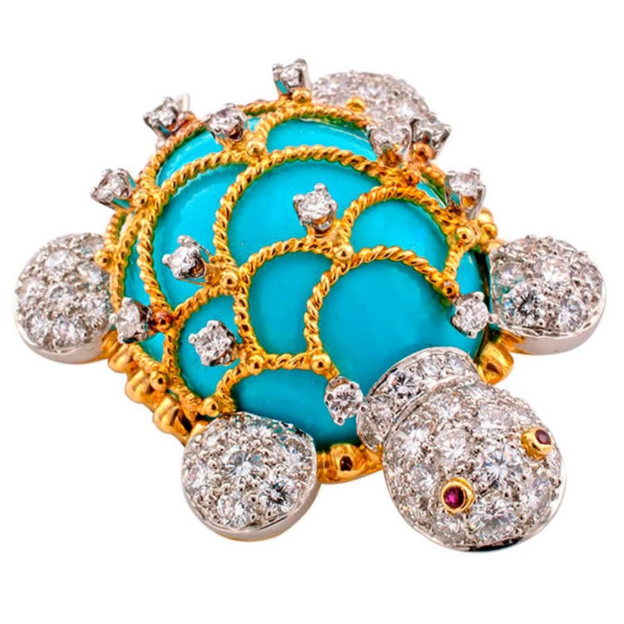 Hammerman Brothers Turquoise Diamond Gold Turtle Brooch