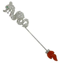 Cartier Coral Emerald Diamond Gold Dragon Jabot Pin Brooch