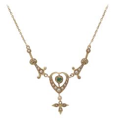 1890s 0.12 Carat Peridot and Seed Pearl, 15k Yellow Gold Necklace 4