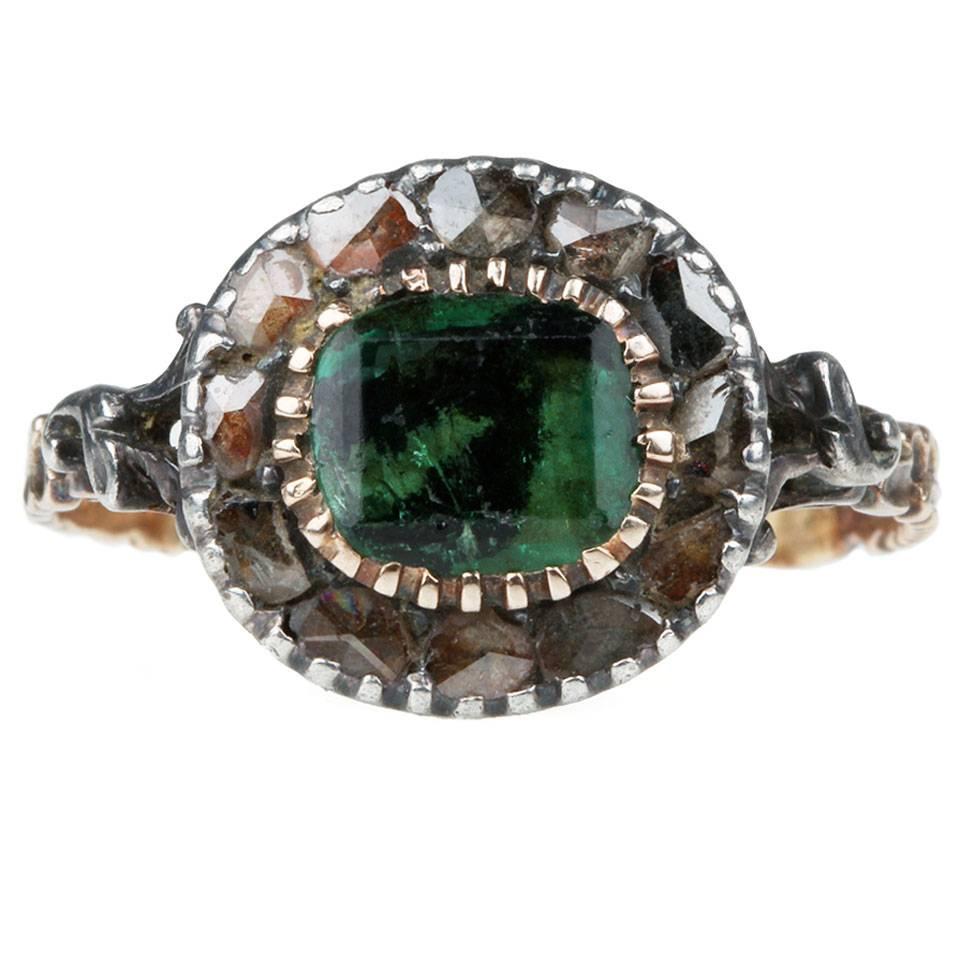 Georgian Emerald Diamond Gold Ring For Sale