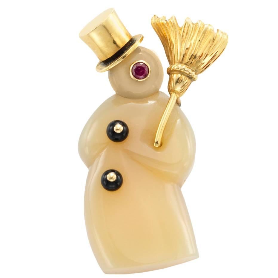 Gold and Chalcedony "Snowman" Brooch by Cartier, Paris, circa 1965 For Sale
