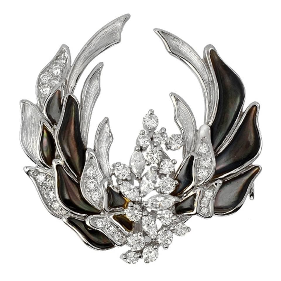 Mother of Pearl Diamond Platinum Cluster Brooch and Pendant 