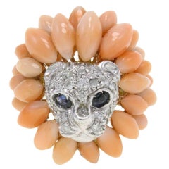 Diamonds, Blue Sapphires, Navette Shape Pink Coral, Gold Lion Shape Cluster Ring