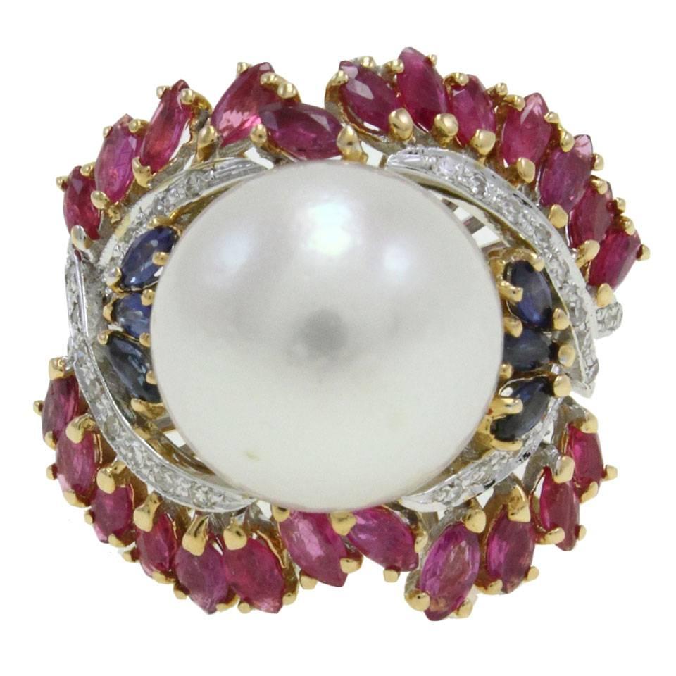 Australian Pearl Sapphire Ruby Diamond Gold Dome Ring