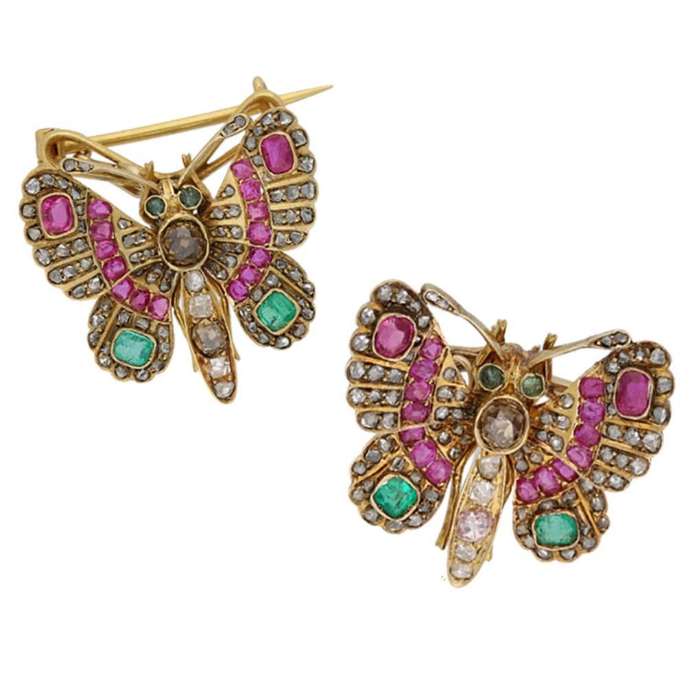 1890s Pair of Victorian Gem Set Butterfly Brooches