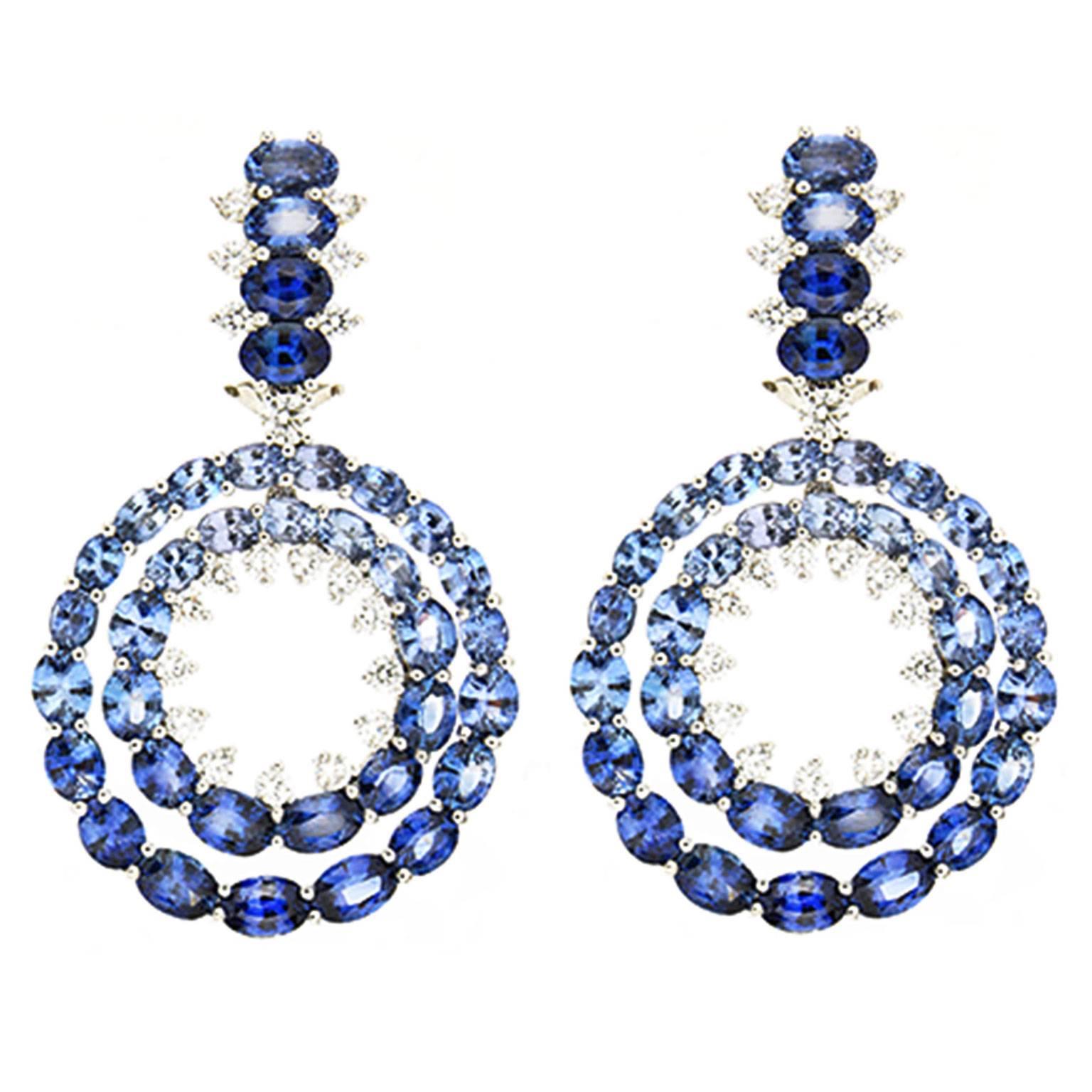 Double Circle Ombré Oval Sapphire Platinum Earrings