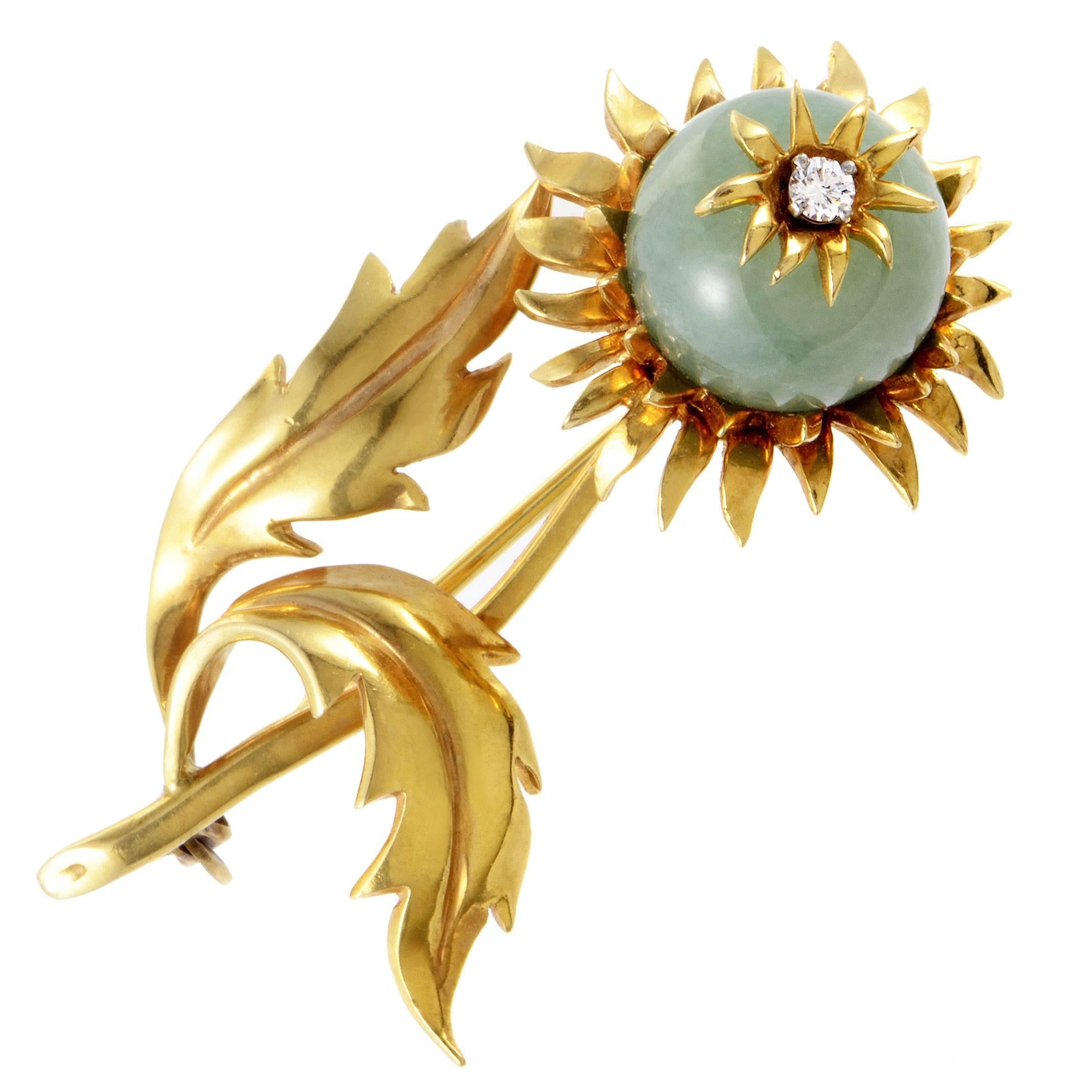 Tiffany & Co. Schlumberger Jade Diamond Gold Flower Brooch