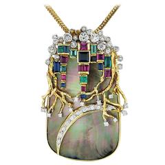 Emerald Ruby Diamond Gold Abalone Slice Necklace