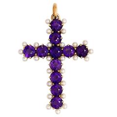 Antique Edwardian Seed Pearl Amethyst Gold Cross Pendant