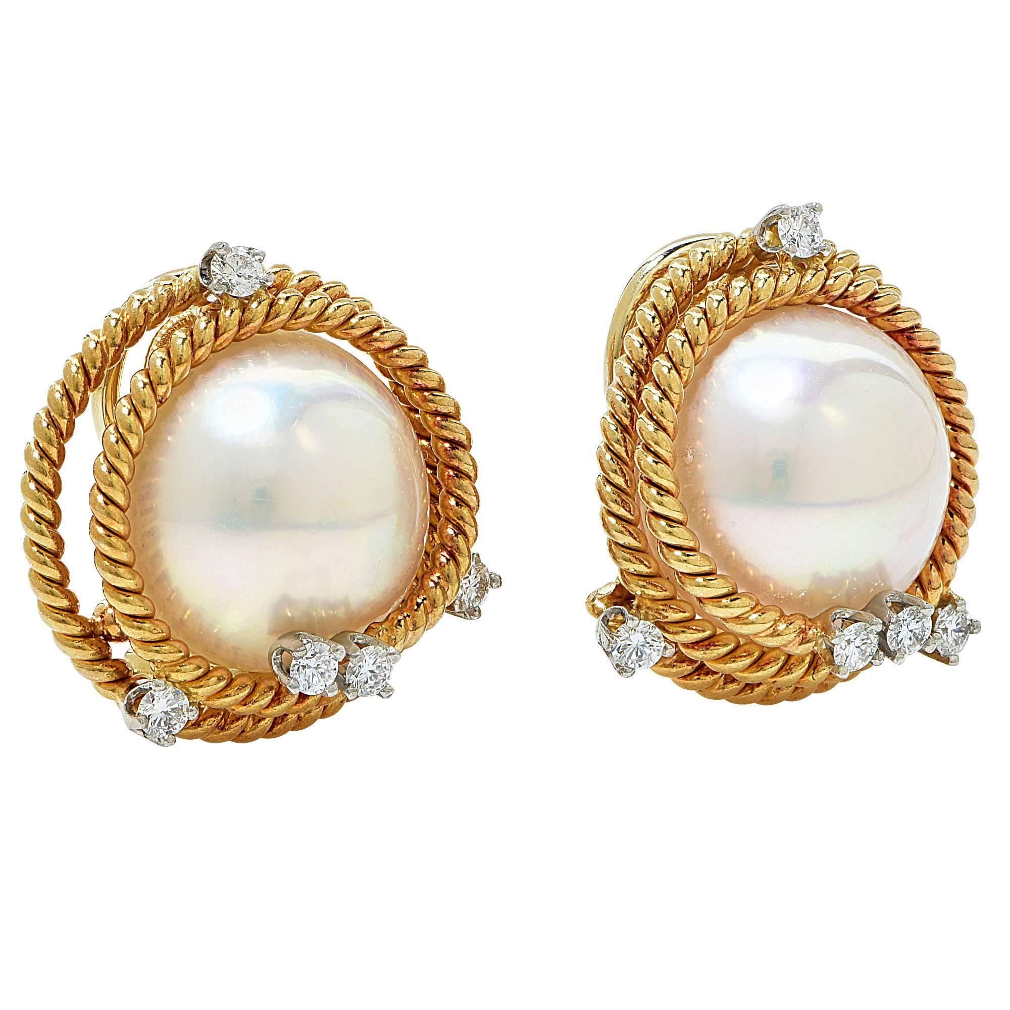 Tiffany & Co. Schlumberger Pearl Diamond Gold Earrings