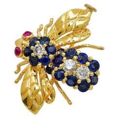 Sapphire Ruby Diamond Gold Bee Brooch