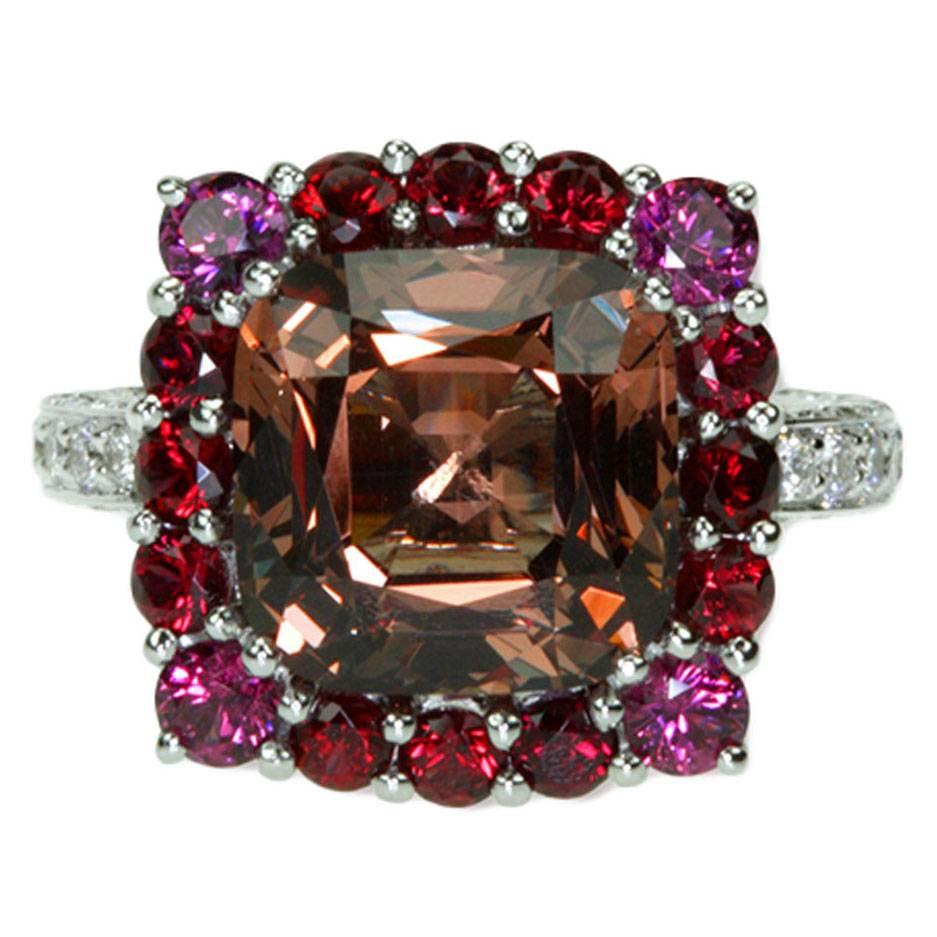 Samuel Getz Unusual Color Change Garnet and Diamond Ring in 18Kt. For Sale