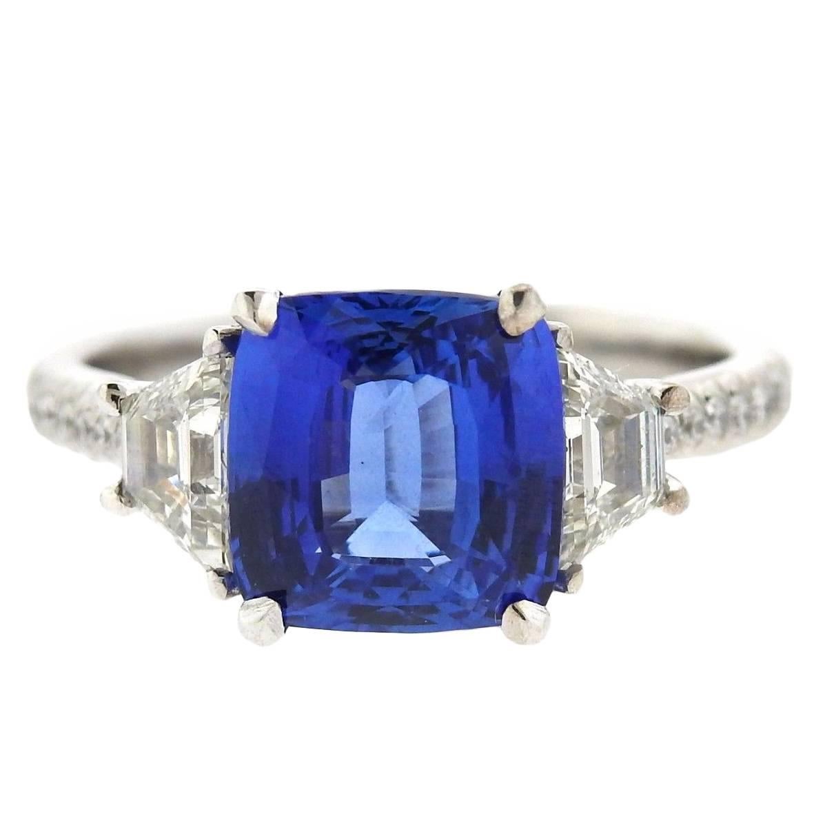 GIA 4.04 carat Natural Sapphire Diamond Platinum Engagement Ring