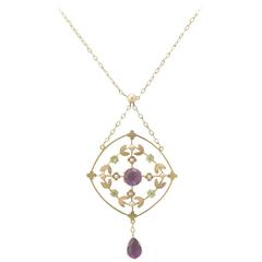 1890s Victorian Amethyst and Peridot, 12k Yellow Gold Necklace