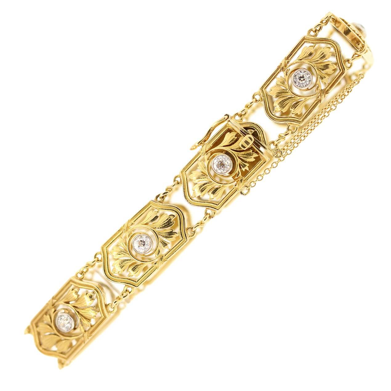 1900s Art Nouveau Diamond Gold Bracelet