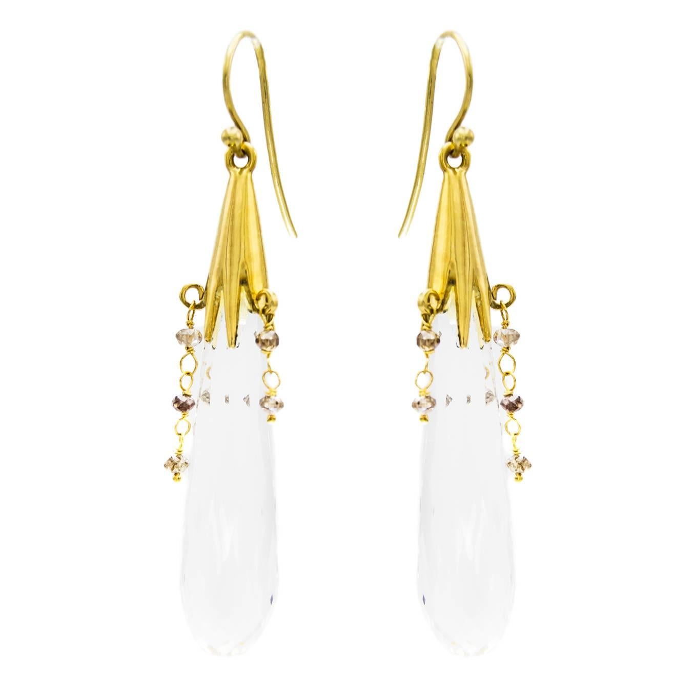 Large Crystal Briolette Earrings with Champagne Diamonds Chains and Satin Gold