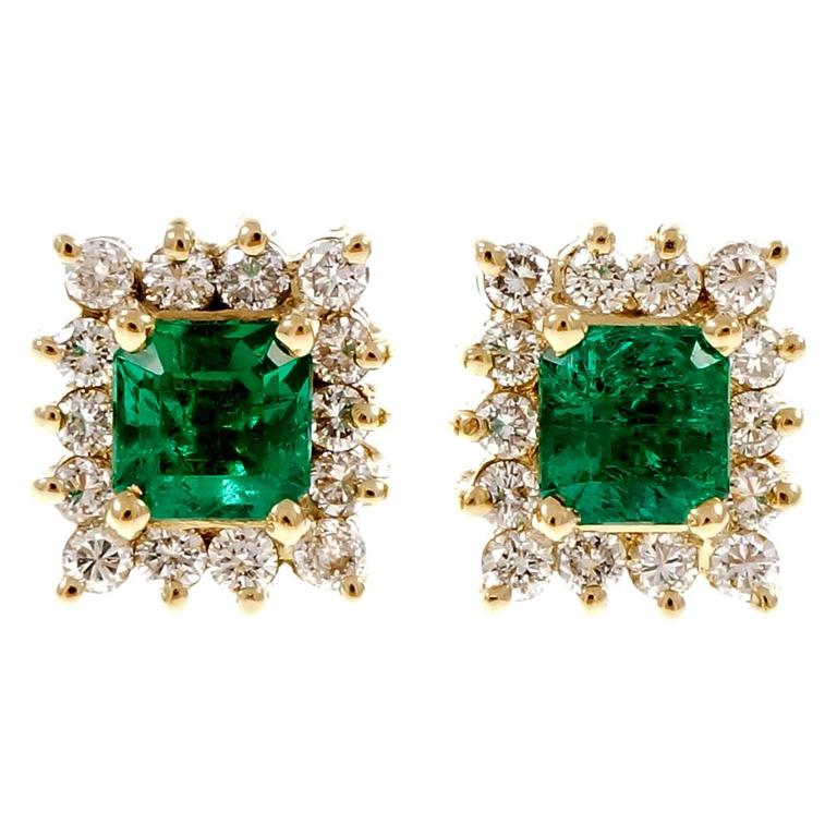 Bright Green Emerald Diamond Gold Stud Earrings at 1stDibs | emerald ...
