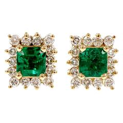 Bright Green Emerald Diamond Gold Stud Earrings