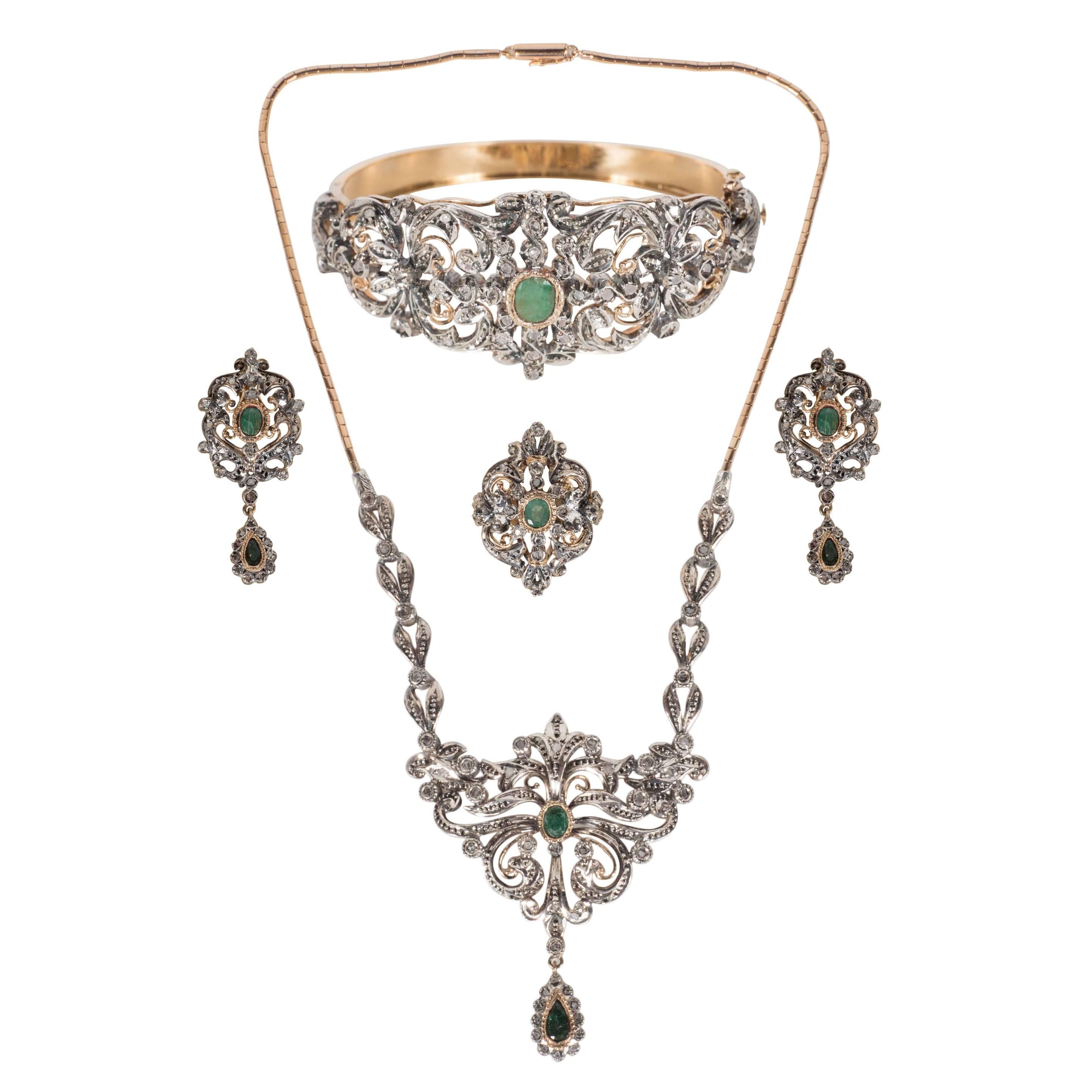 Antique Suite of Jewelry in Diamonds Emeralds Gold and Sterling