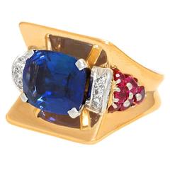 1930s 7.50 Carat GIA No Heat Ceylon Sapphire Diamond Ruby Gold Ring 10