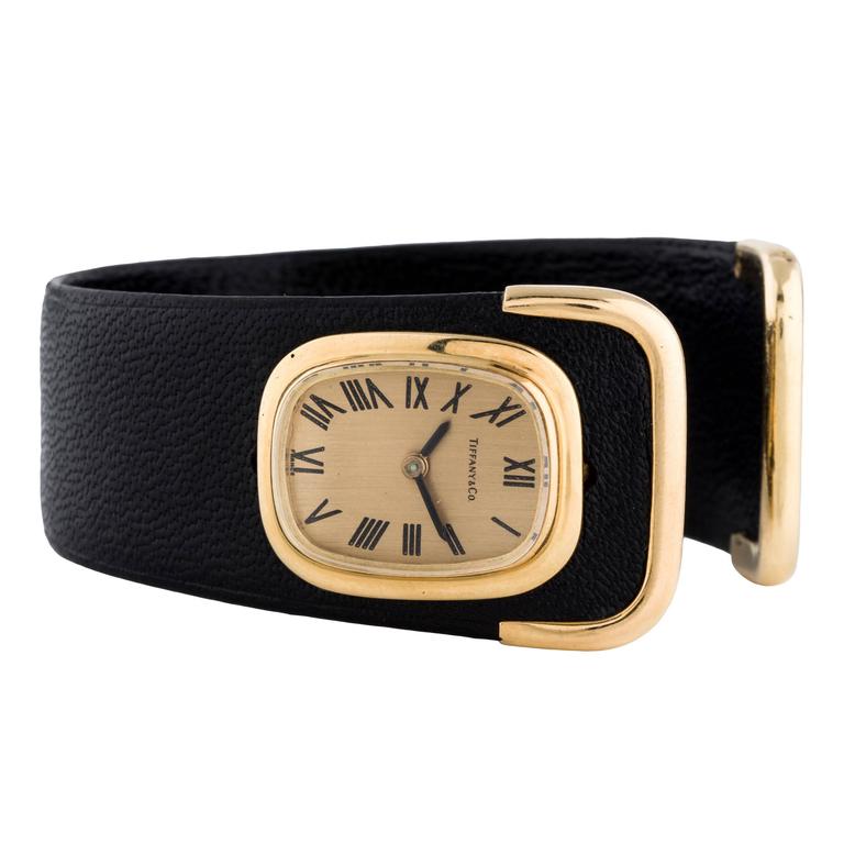 Tiffany and Co. Ladies Yellow Gold Leather Cuff Wristwatch For Sale at