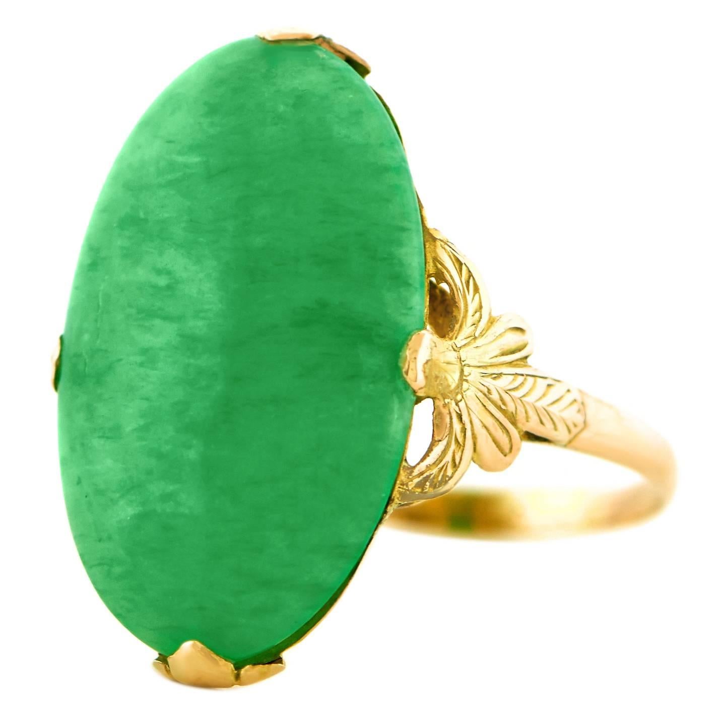 Art Deco Natural  Cabochon Jade  Gold Ring GIA Report