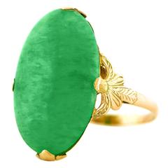 Antique Art Deco Natural  Cabochon Jade  Gold Ring GIA Report