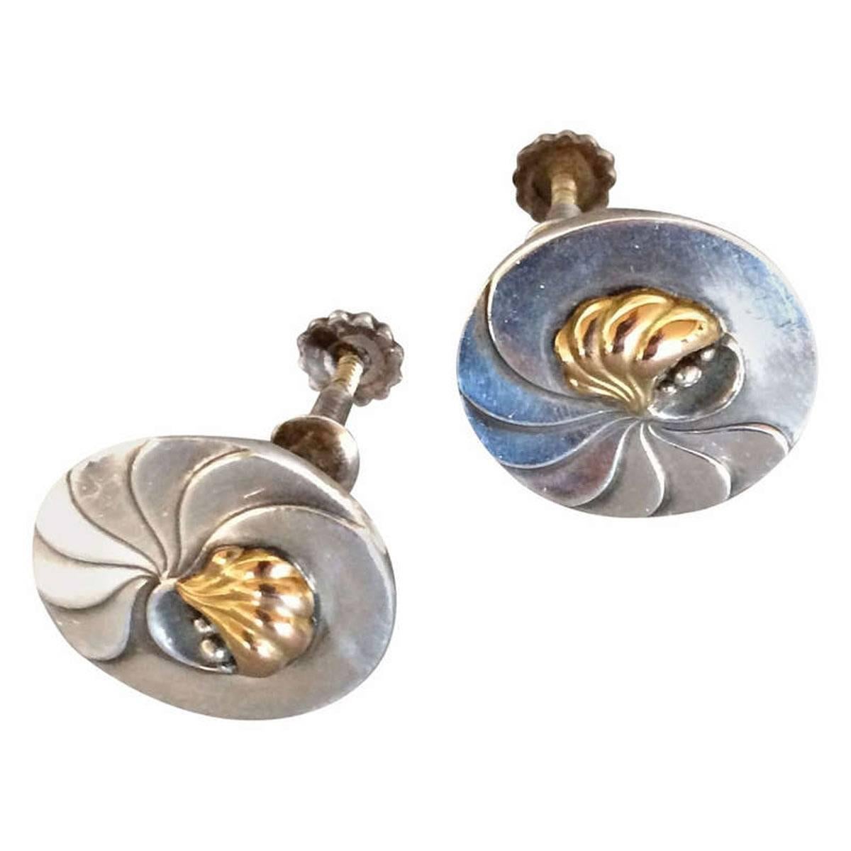 Georg Jensen Nautilus Earrings with Gold Center No. 96