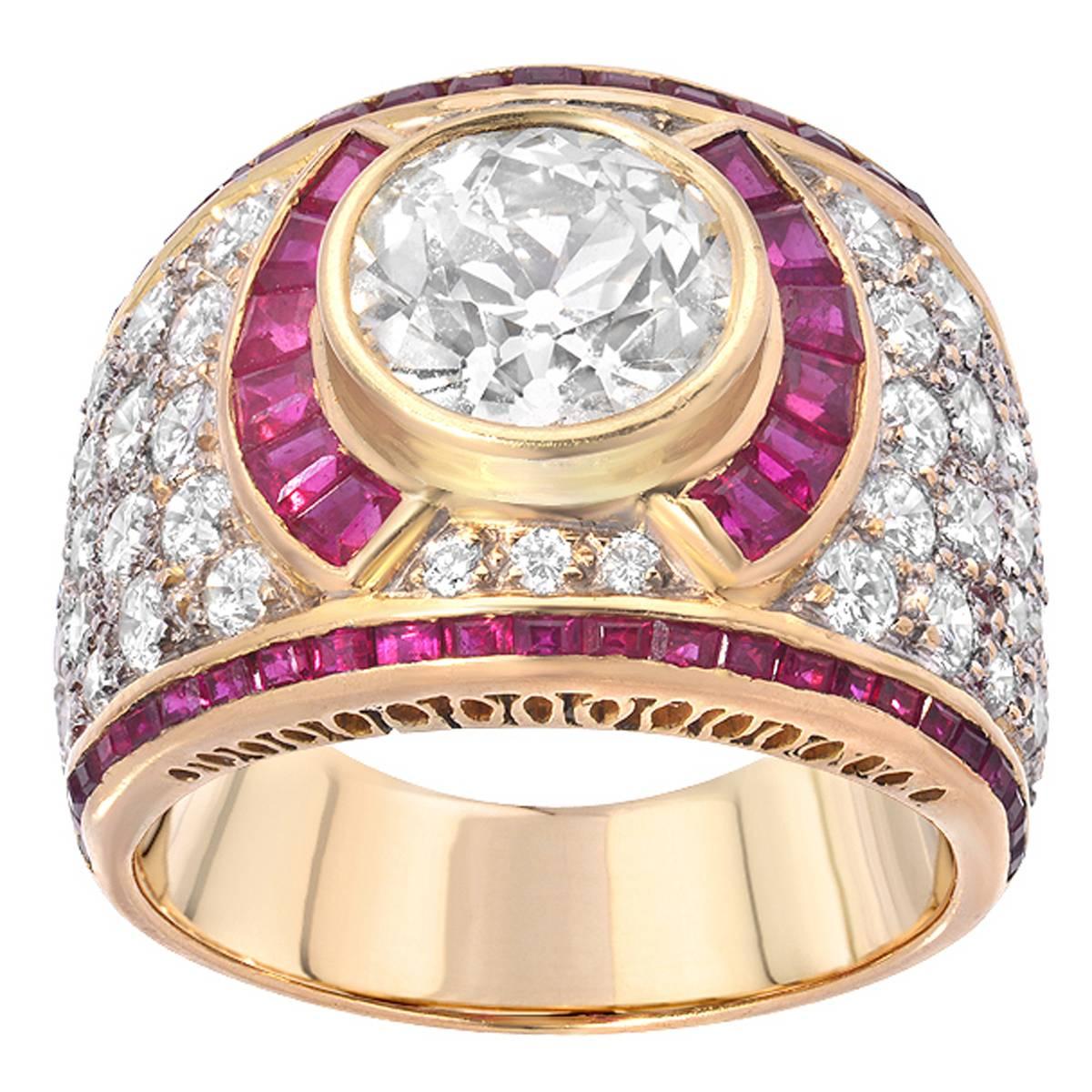 Estate 2.50 Carat European Cut Diamond Ruby Gold Ring For Sale