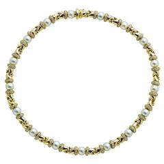 Vintage Bulgari Passo Doppio Pearl Diamond Gold Necklace