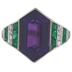 Antique 1900s Art Deco Amethyst Emerald Diamond Platinum Ring