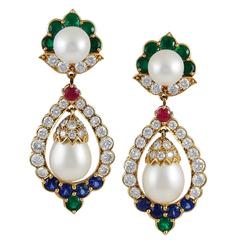 1960s Van Cleef & Arpels Pearl Multi Gem Gold Earrings 6
