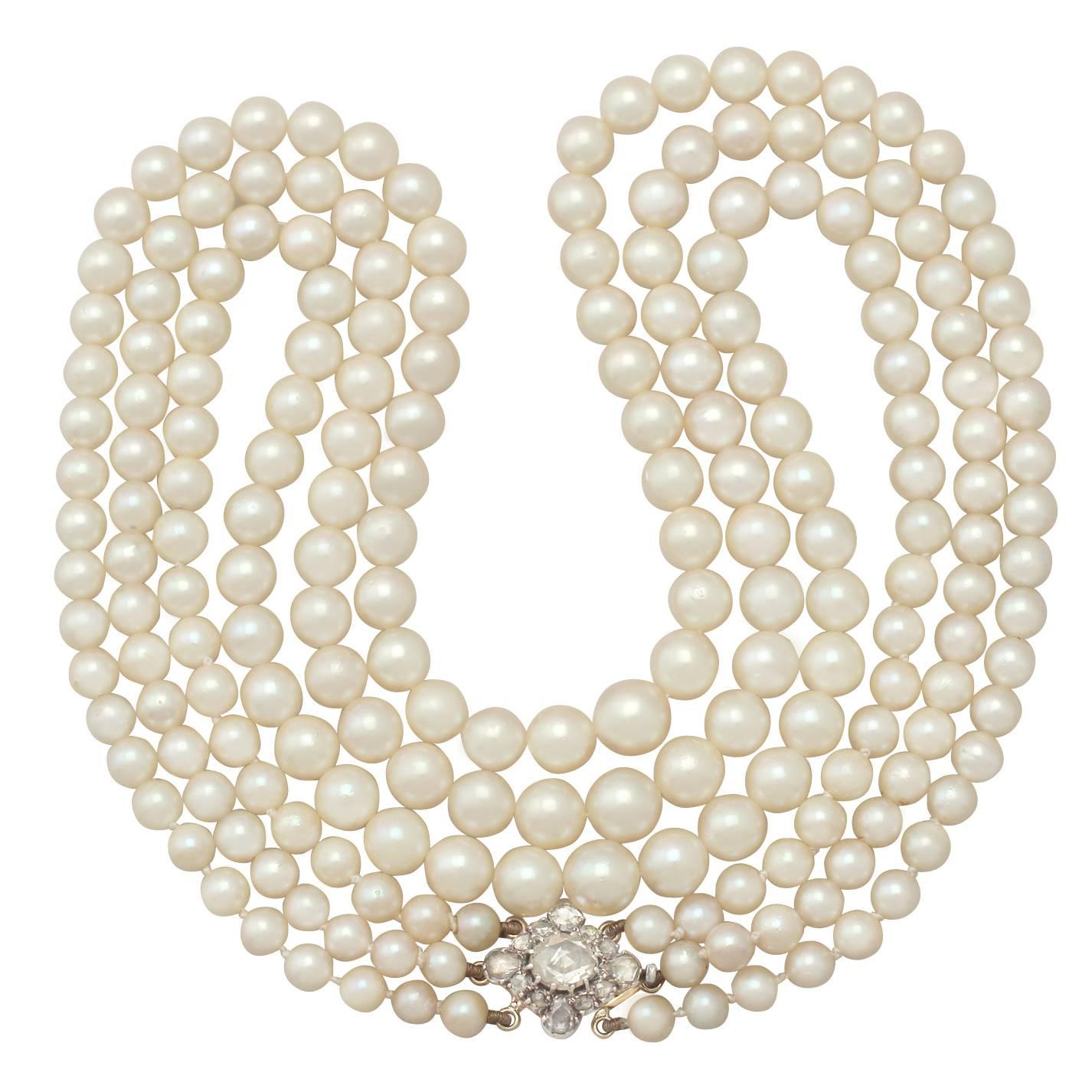 Three Strand Pearl Necklace with 2.11Ct Diamond, 18k Yellow Gold Clasp - Antique