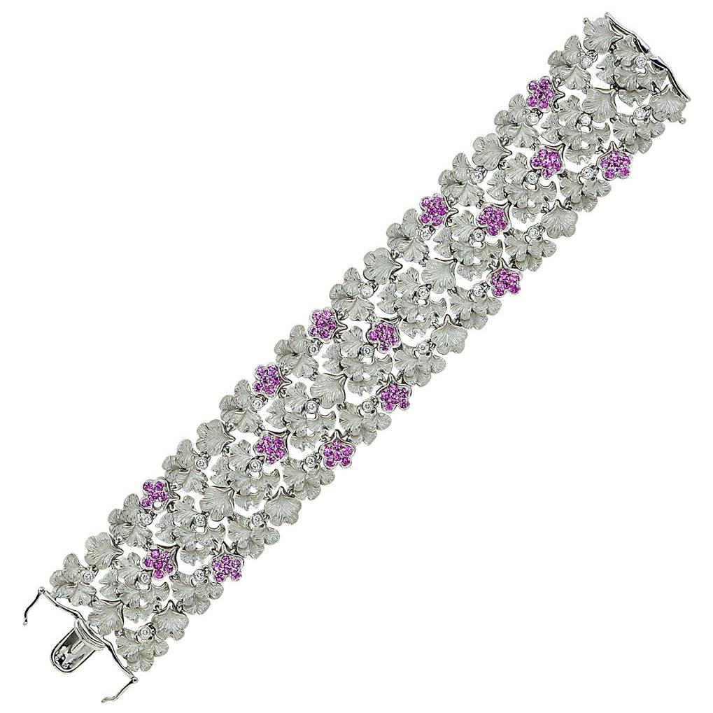 Carrera y Carrera Diamond Pink Sapphire Floral Link White Gold Bracelet