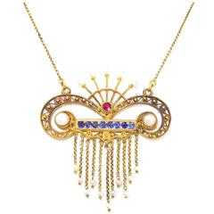 Antique Pearl Sapphire Ruby gold Lavelier, circa 1900 12