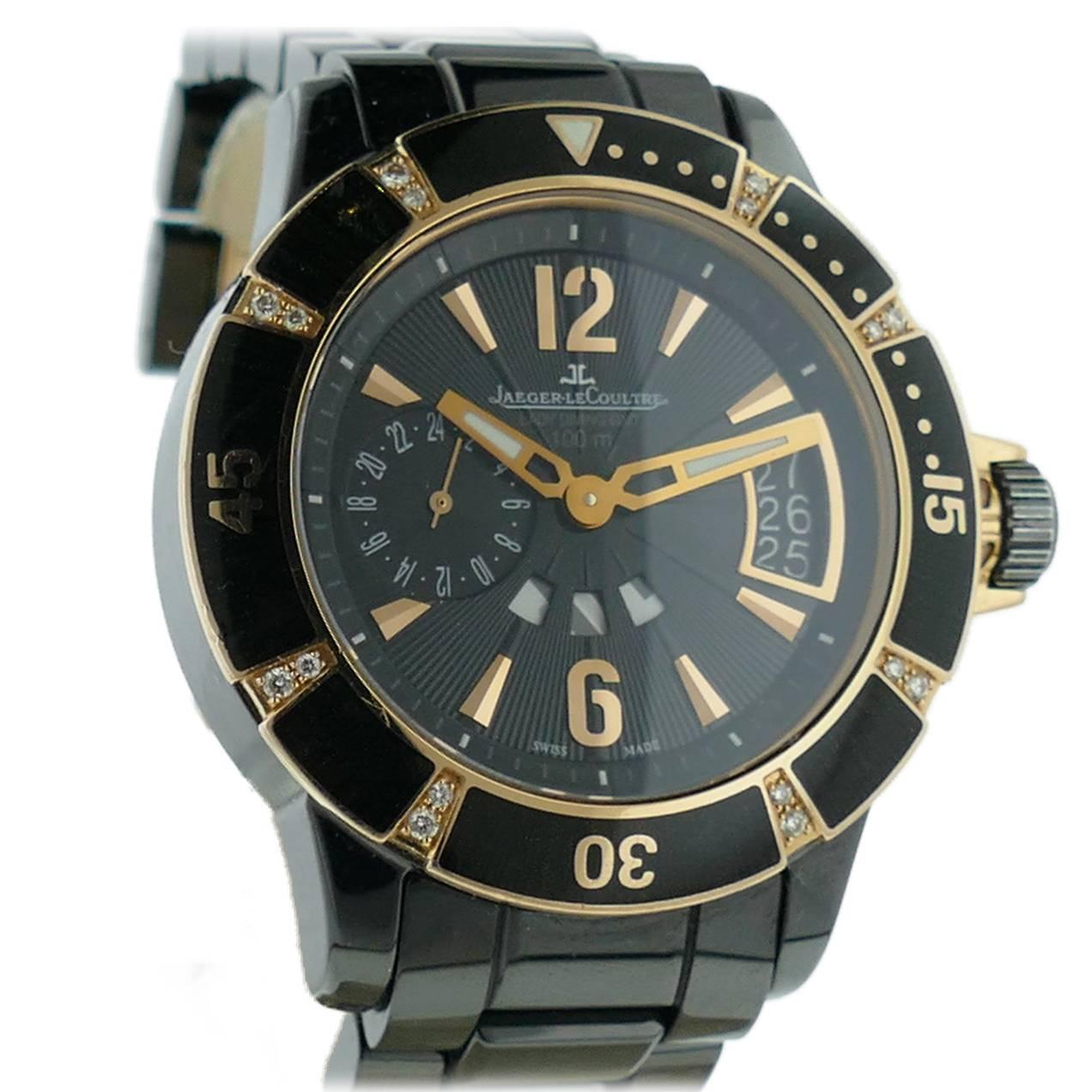 Ladies Jaeger LeCoultre Master Compressor Diving GMT Ceramic 18k Diamond Watch For Sale