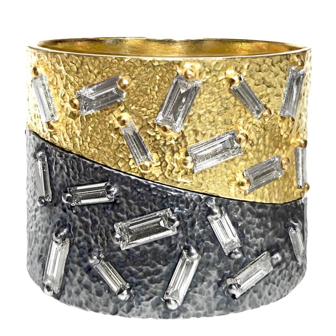 White Diamond Baguette Oxidized Silver Yellow Gold Curve Stacking Band Ice Rings