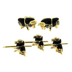 Vintage Asch Grossbardt Gold Onyx Hematite Emerald Diamond Bull Cufflinks Stud Set