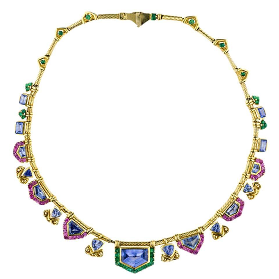 Multicolor Sapphire Emerald Gold Necklace For Sale