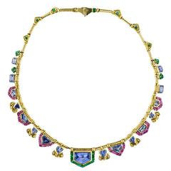 Multicolor Sapphire Emerald Gold Necklace